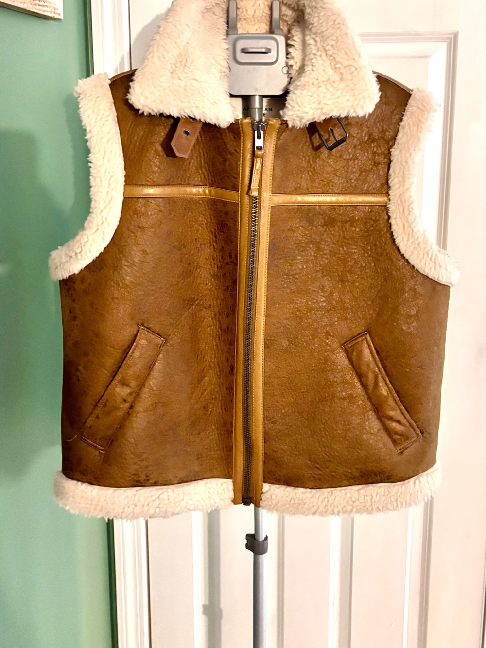 American Eagle Cream Sherpa Hooded Jacket with Brown Trim